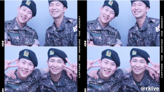 BTS队长RM和MONSTA X周宪穿著军服一起拍人生四格！两人的可爱酒窝让人印象深刻～  第1张
