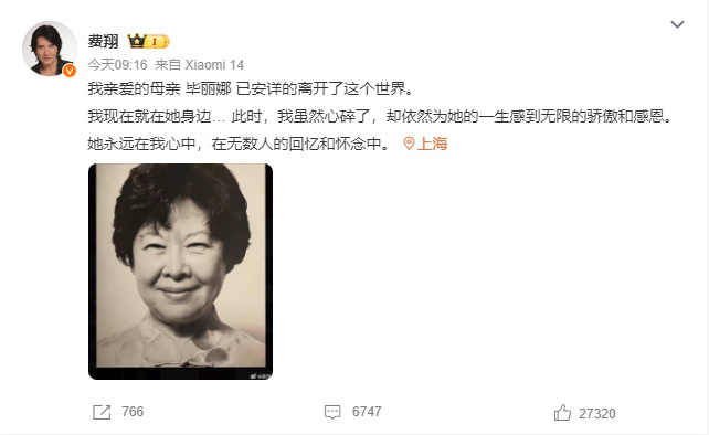 费翔发文宣告九旬母亲毕丽娜去世:她永远在我心中  第3张